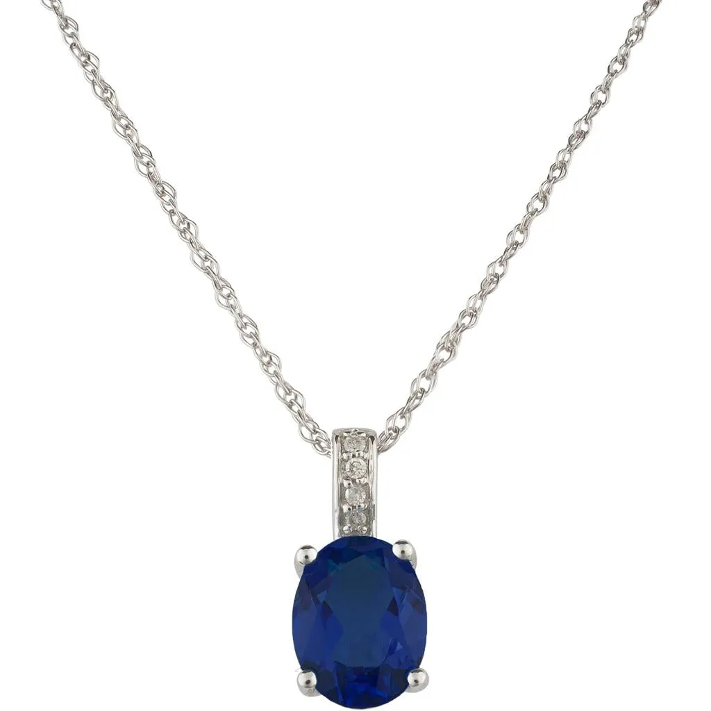 September Birthstone Pendant: 14K White Gold Diamond And Oval Sapphire Pendant Necklace