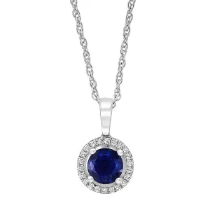 September Birthstone Pendant: 14K White Gold Diamond And Sapphire Halo Pendant Necklace