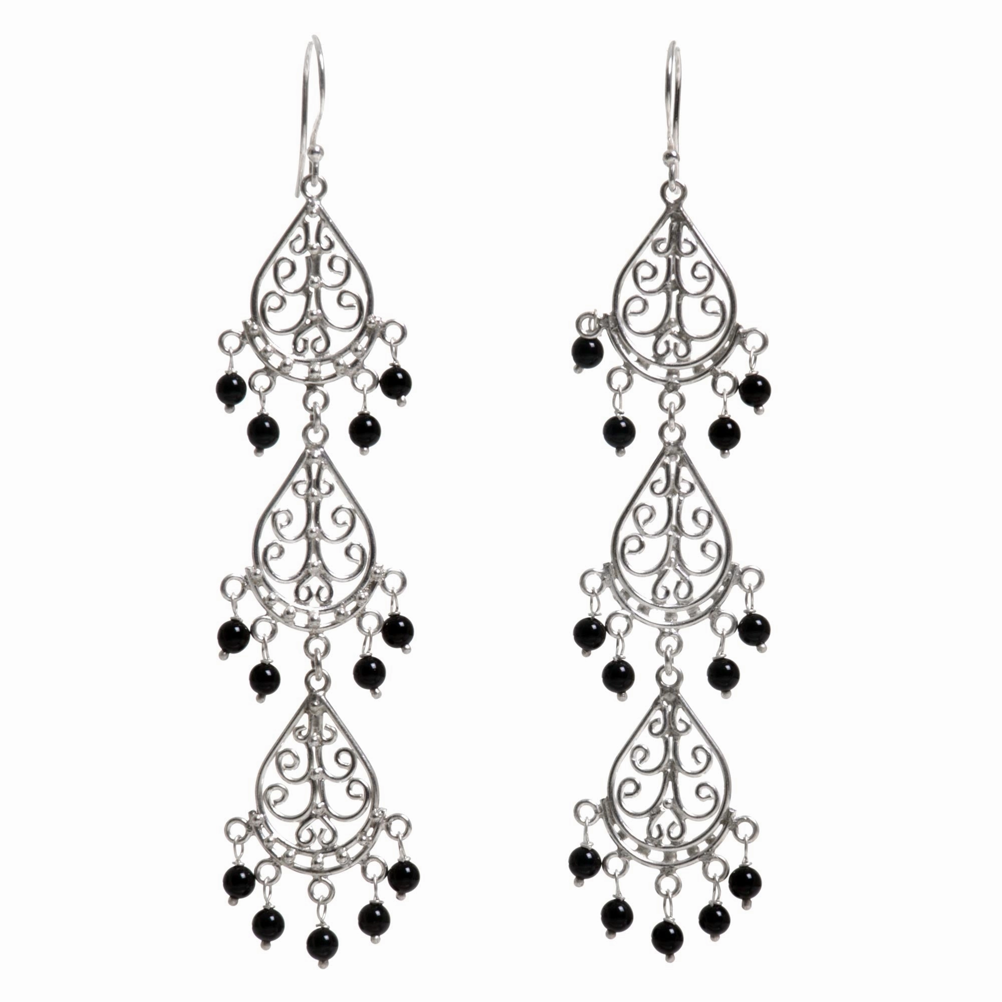 Serene Dawn Sterling Silver Onyx Dangle Earrings from Indonesia