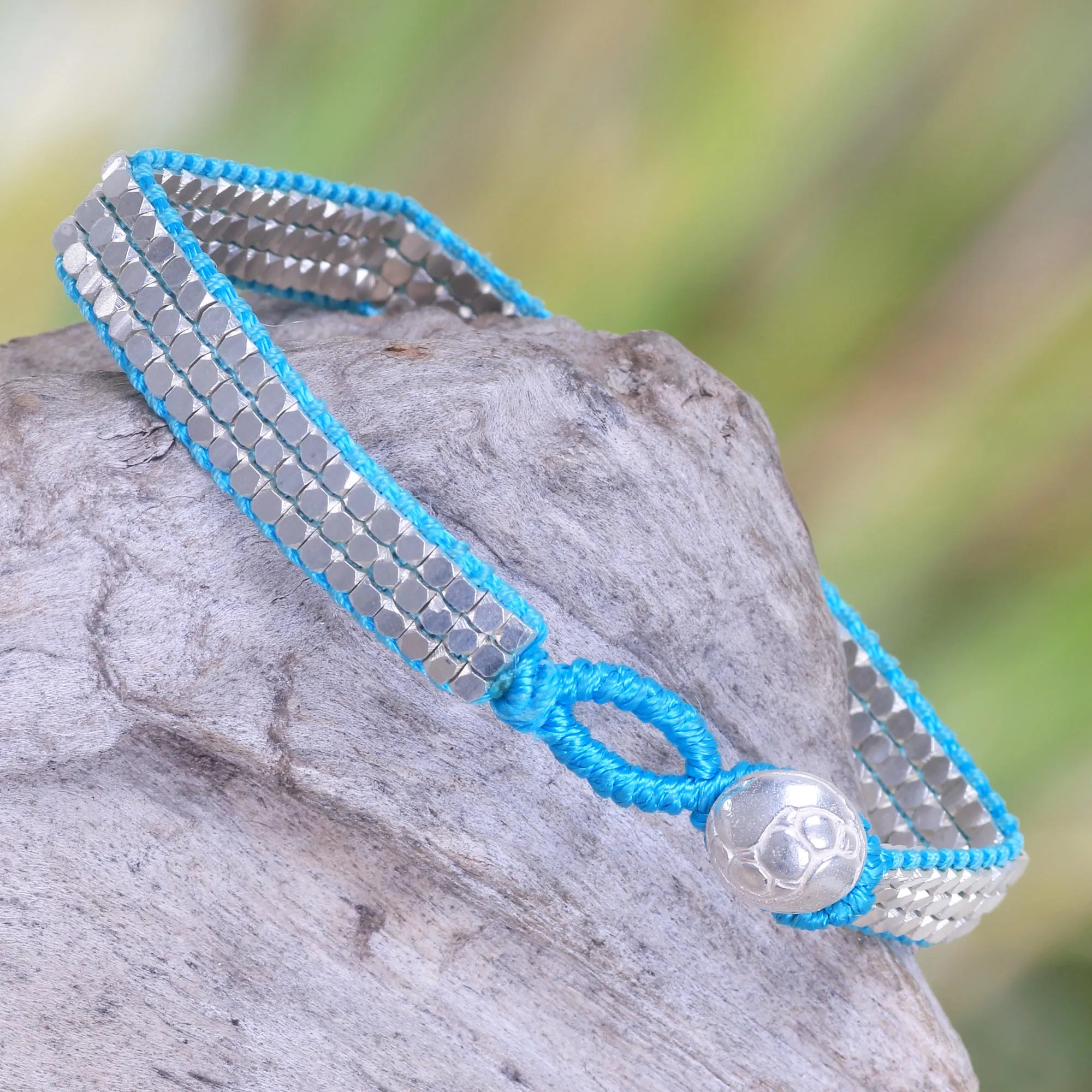 Shimmering Road in Turquoise Artisan Crafted Sterling Silver Beaded Bracelet from Bali