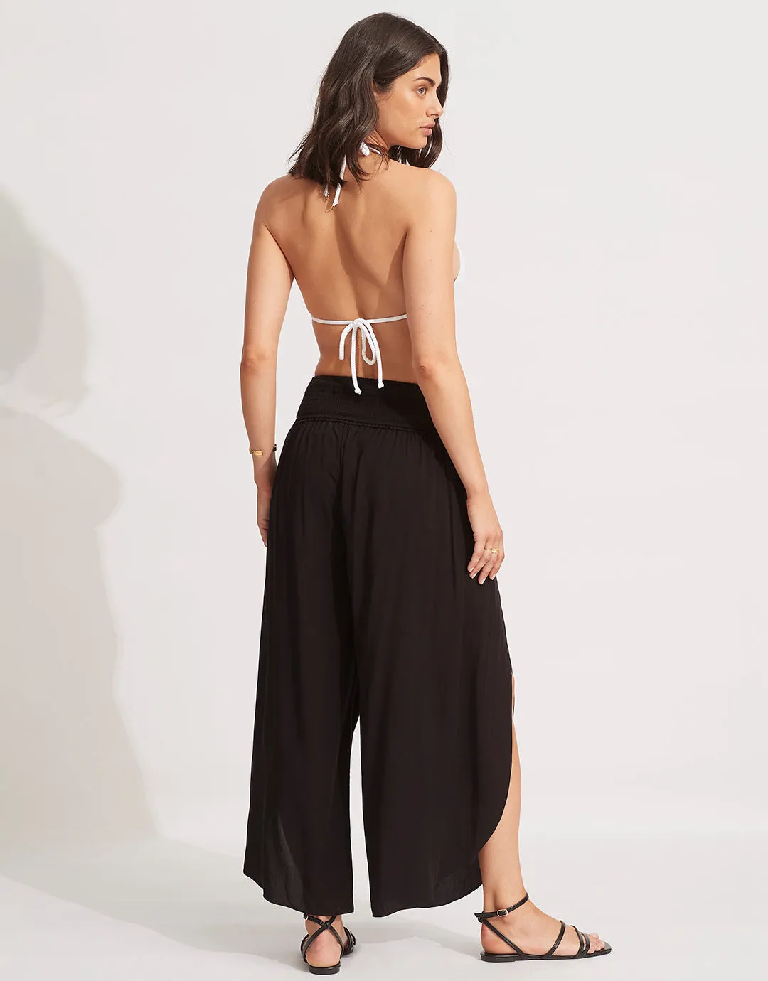 Shirred Waist Wrap Beach Trousers - Black