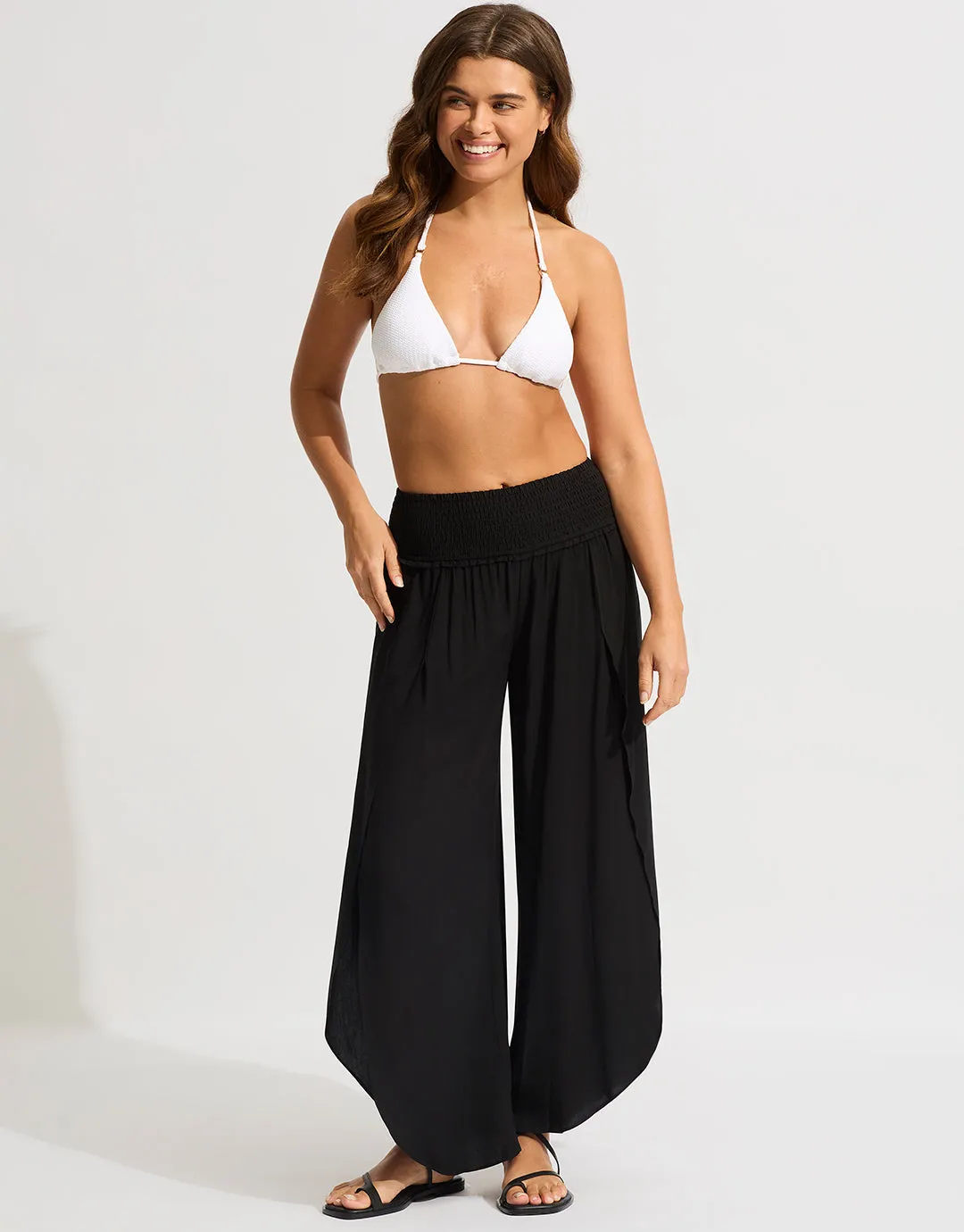 Shirred Waist Wrap Beach Trousers - Black