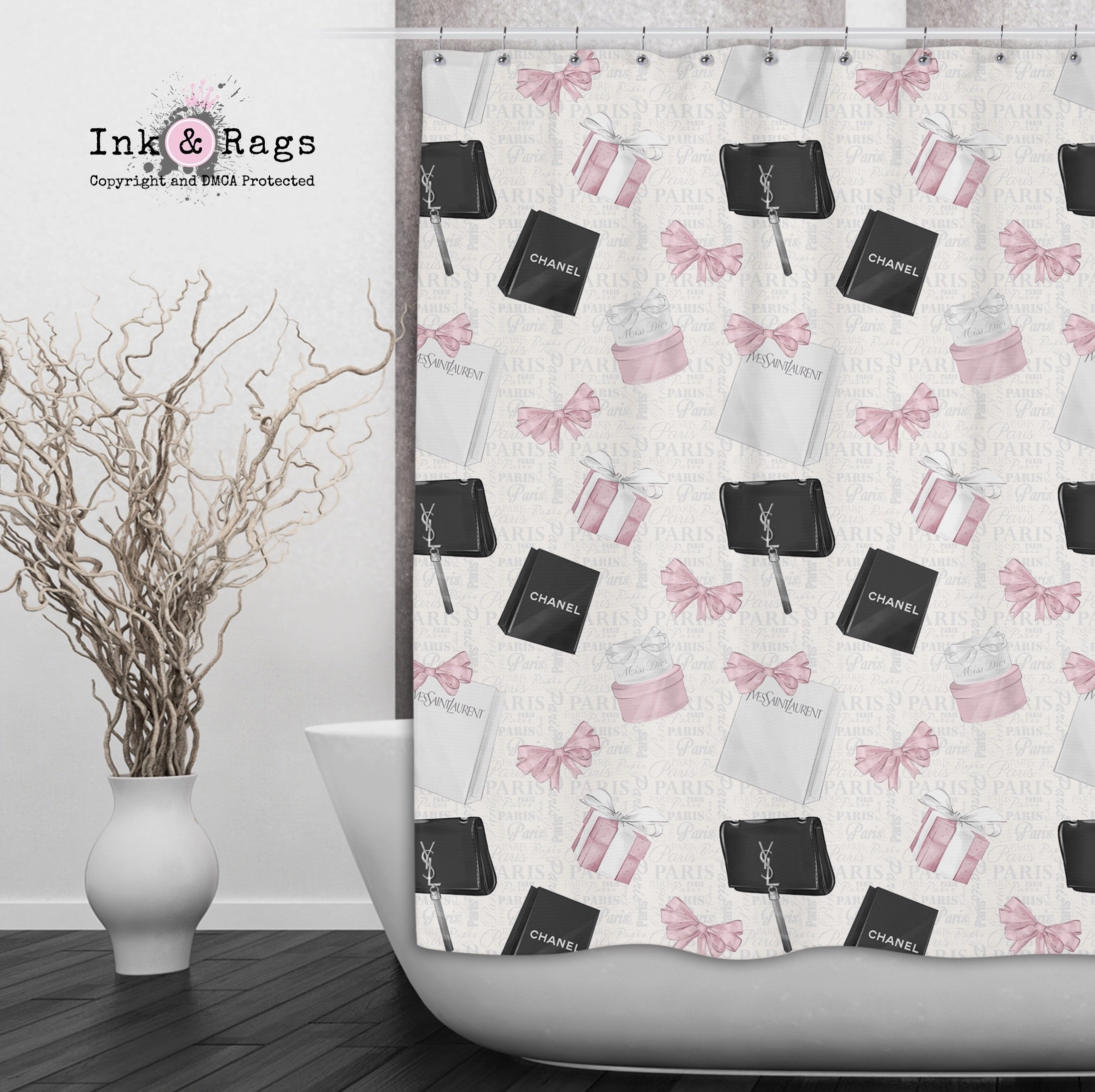 Shopping Spree Paris Text Fashion Shower Curtains and Optional Bath Mats Lighting,Lamps Fixtures