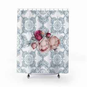 Shower Curtain | Amalfi Coast, Blue White, Tiles, Pink Peonies Lighting,Home Lighting