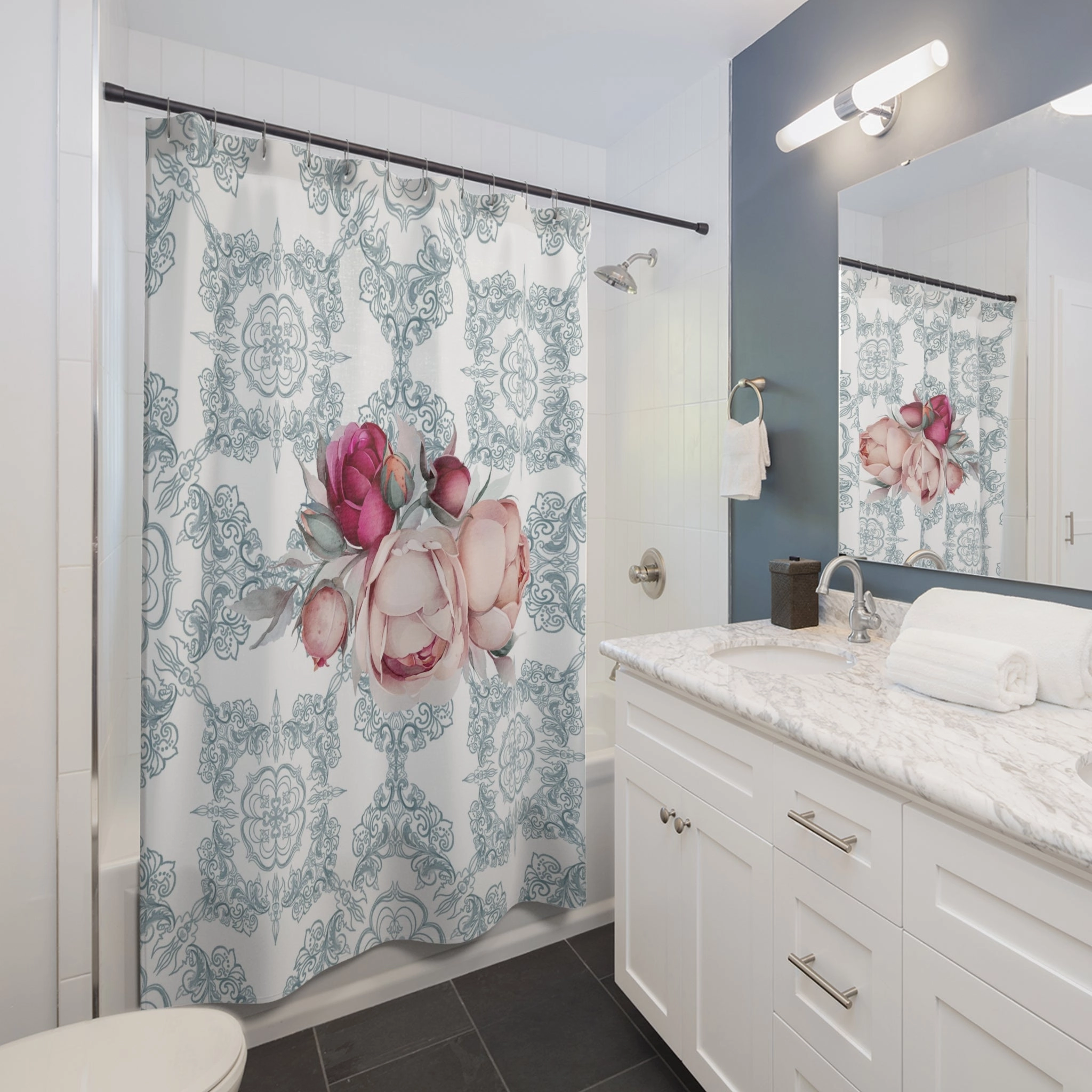 Shower Curtain | Amalfi Coast, Blue White, Tiles, Pink Peonies