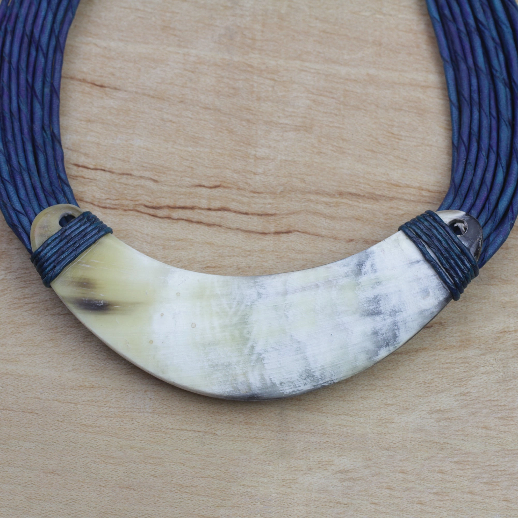Sida Crescent-Shaped Horn Pendant Necklace with Blue Leather Cord