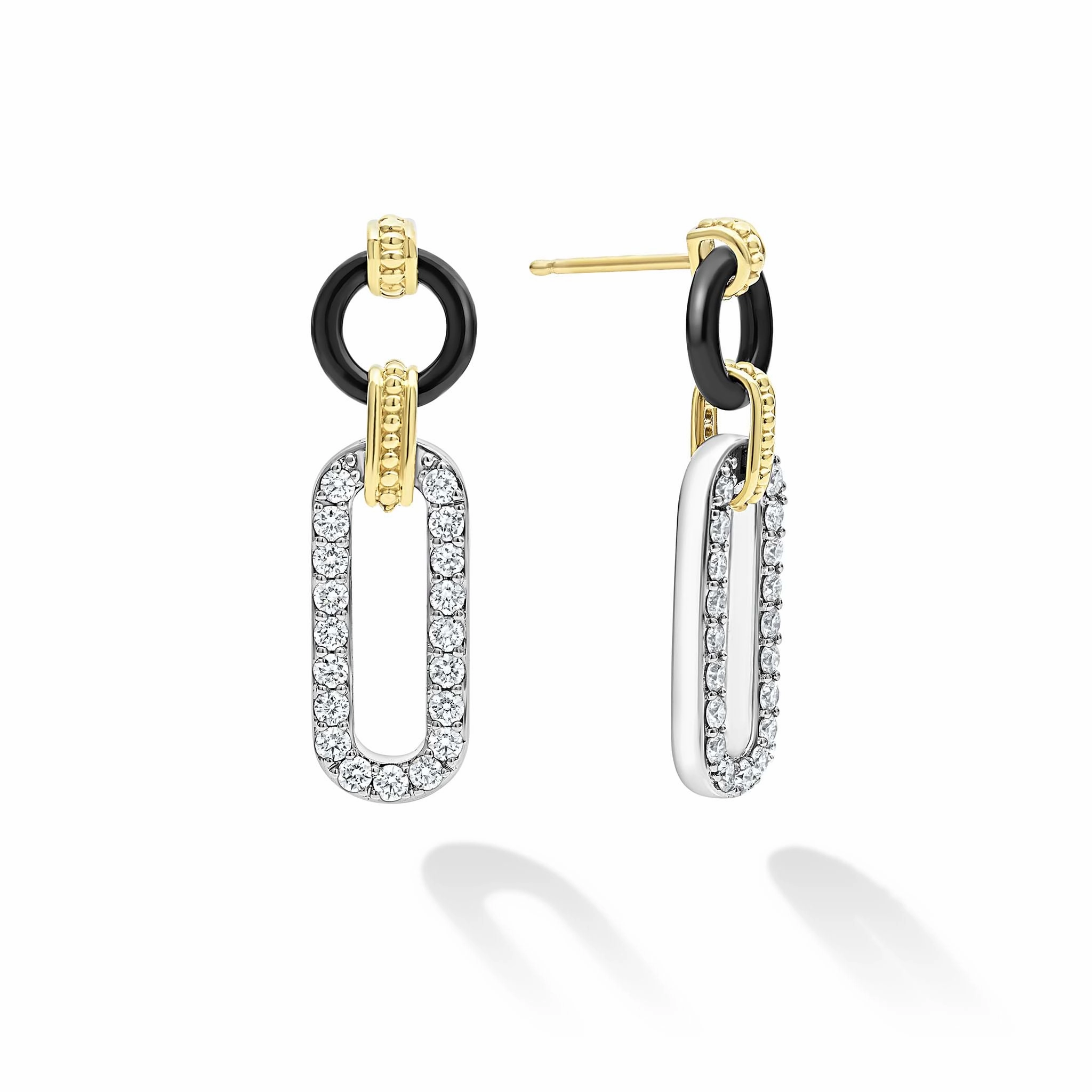 Signature Caviar 18K Gold and Black Ceramic Diamond Link Drop Earrings