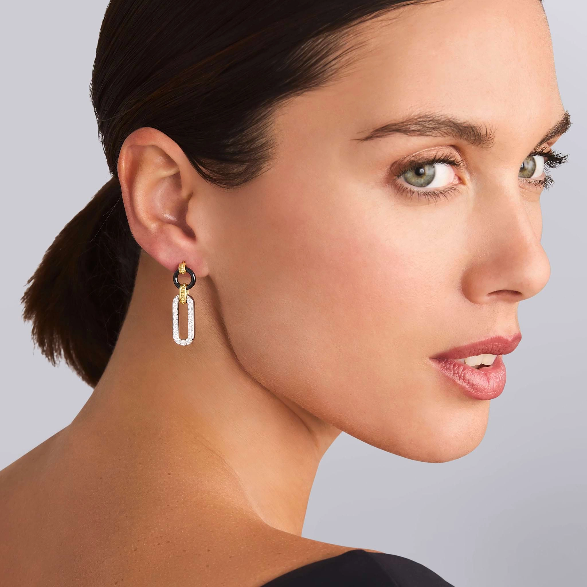 Signature Caviar 18K Gold and Black Ceramic Diamond Link Drop Earrings