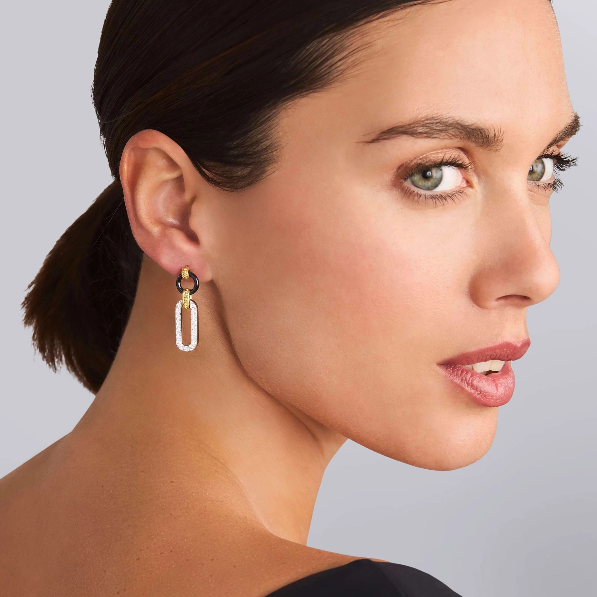Signature Caviar 18K Gold and Black Ceramic Diamond Link Drop Earrings