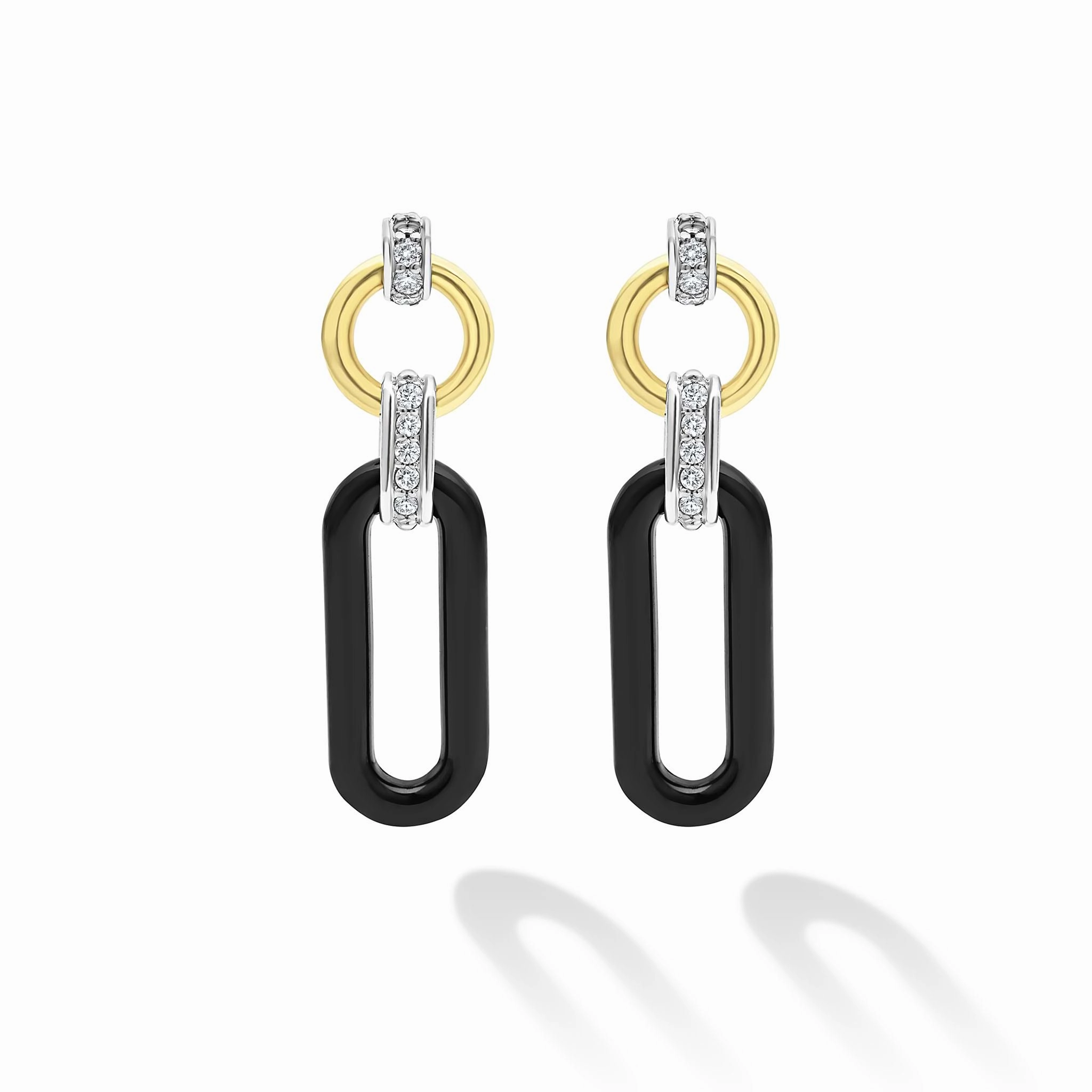 Signature Caviar 18K Gold and Black Ceramic Diamond Link Drop Earrings