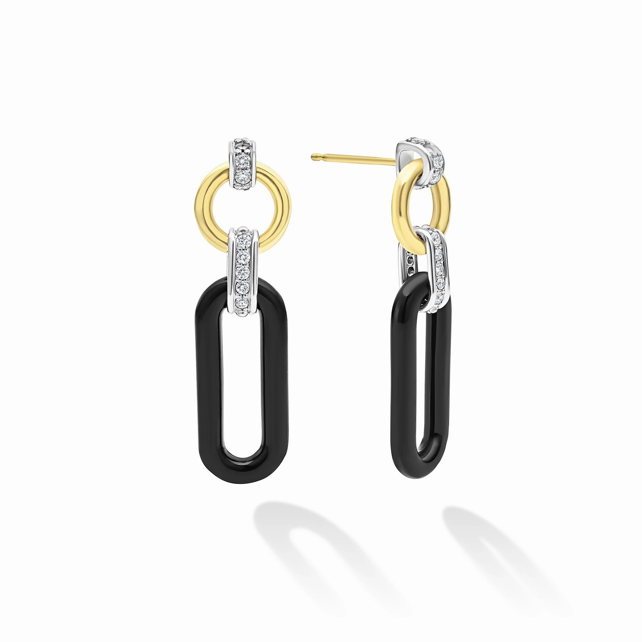 Signature Caviar 18K Gold and Black Ceramic Diamond Link Drop Earrings
