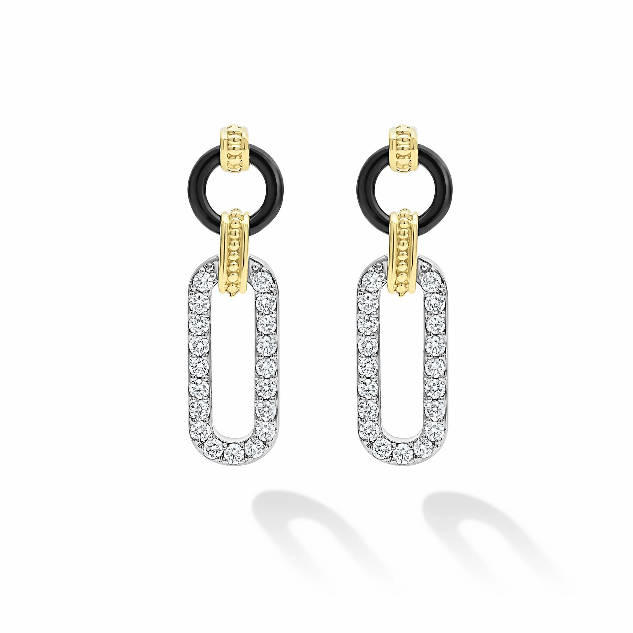 Signature Caviar 18K Gold and Black Ceramic Diamond Link Drop Earrings