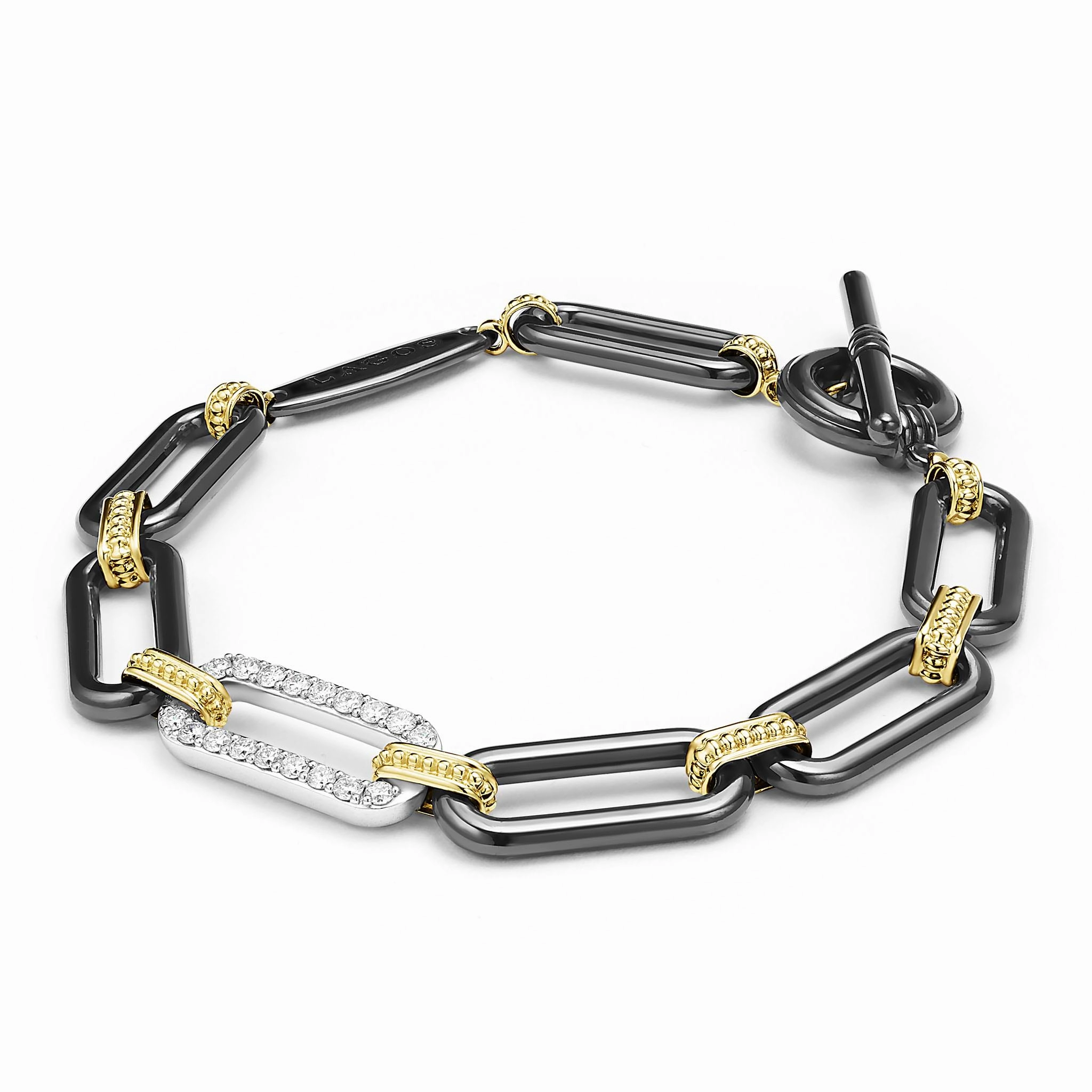 Signature Caviar 18K Gold and Black Ceramic Diamond Station Link Bracelet | 10mm