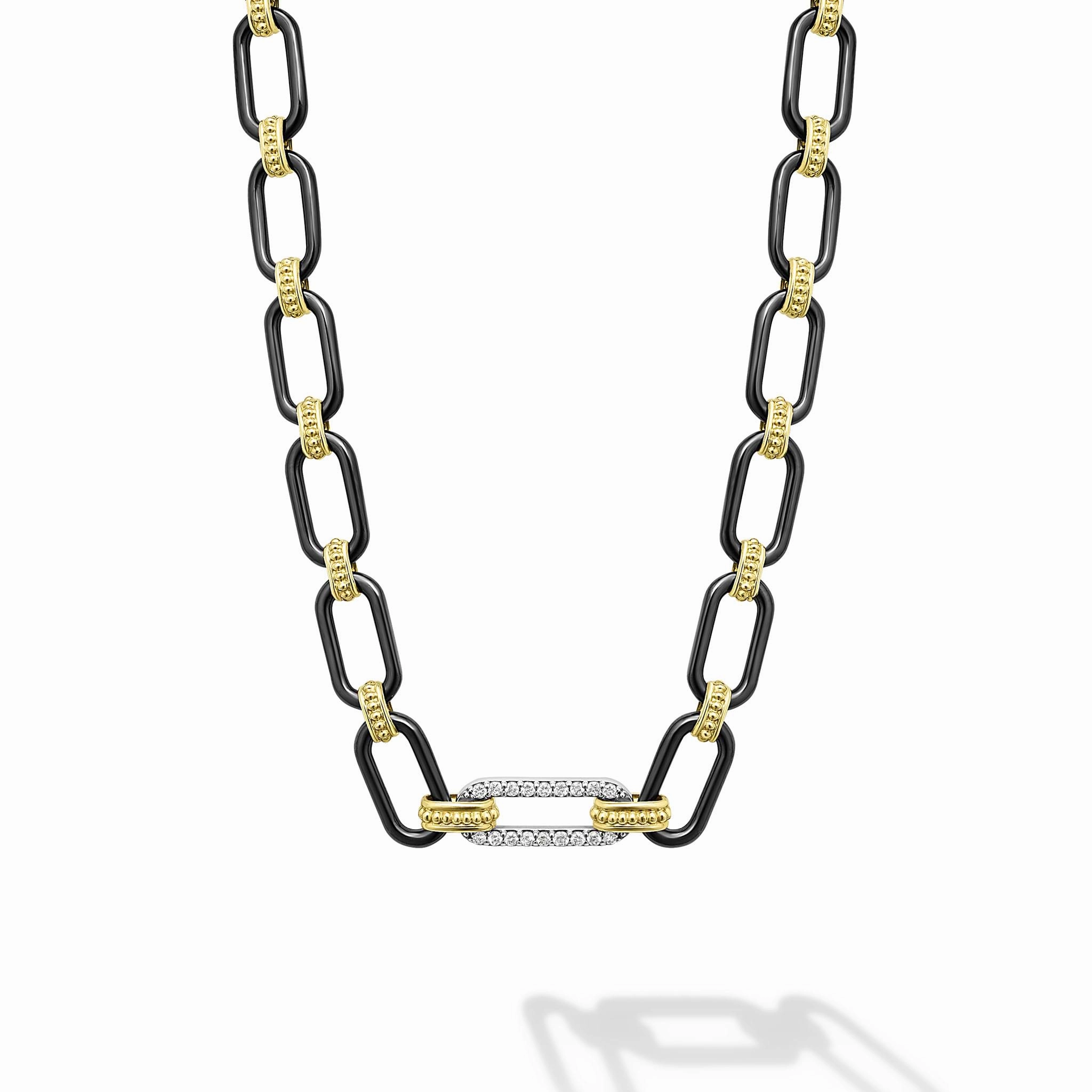 Signature Caviar 18K Gold and Black Ceramic Diamond Station Link Necklace | 6mm