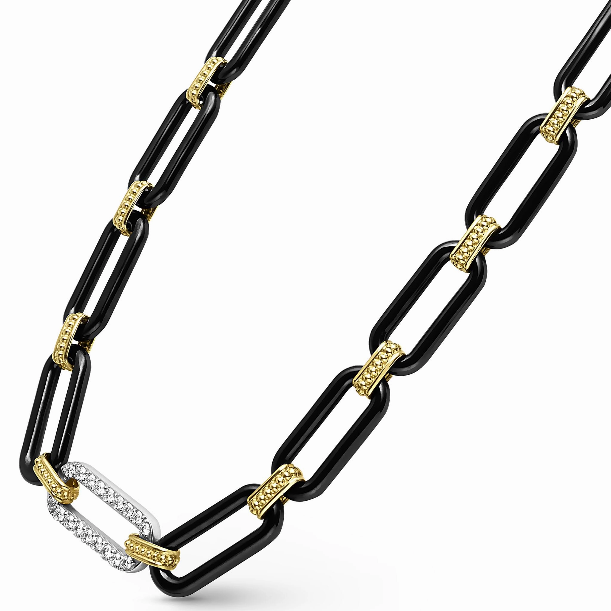 Signature Caviar 18K Gold and Black Ceramic Diamond Station Link Necklace | 9mm