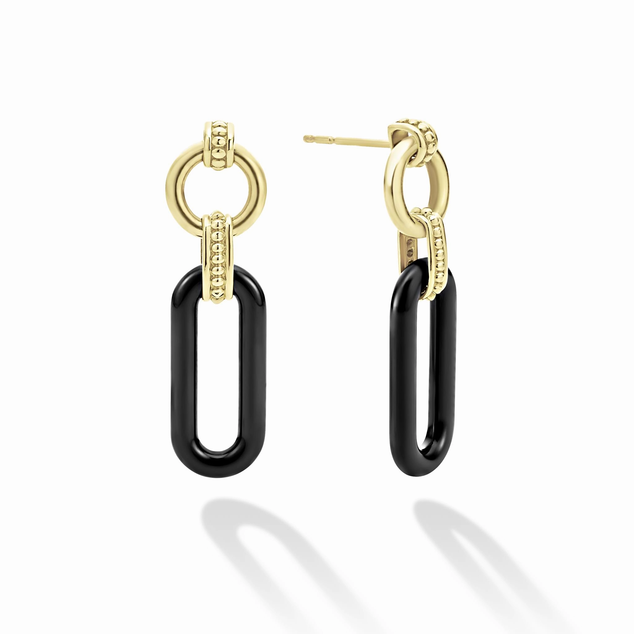 Signature Caviar 18K Gold and Black Ceramic Link Drop Earrings