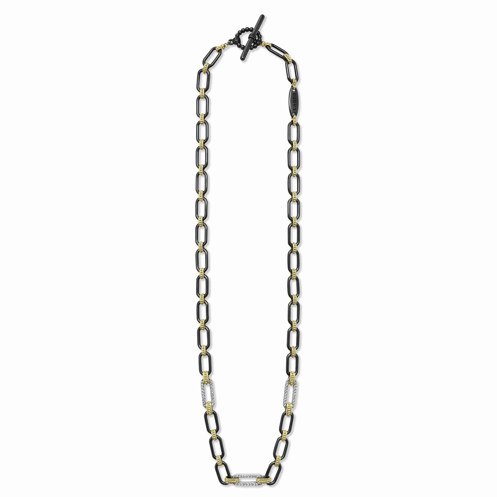 Signature Caviar 18K Gold and Black Ceramic Three Diamond Station Link Necklace | 6mm
