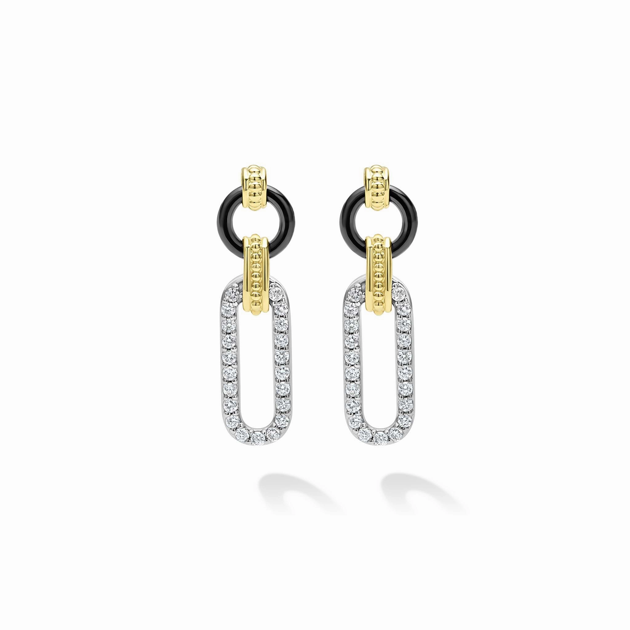 Signature Caviar Small 18K Gold and Black Ceramic Diamond Link Drop Earrings