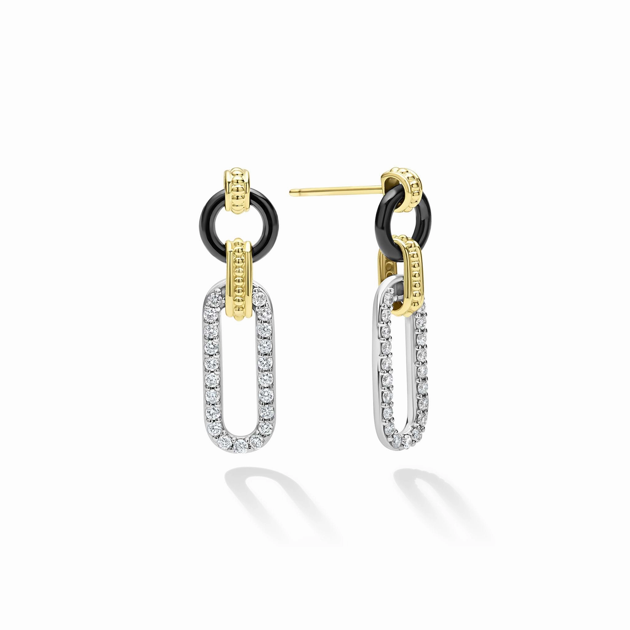 Signature Caviar Small 18K Gold and Black Ceramic Diamond Link Drop Earrings