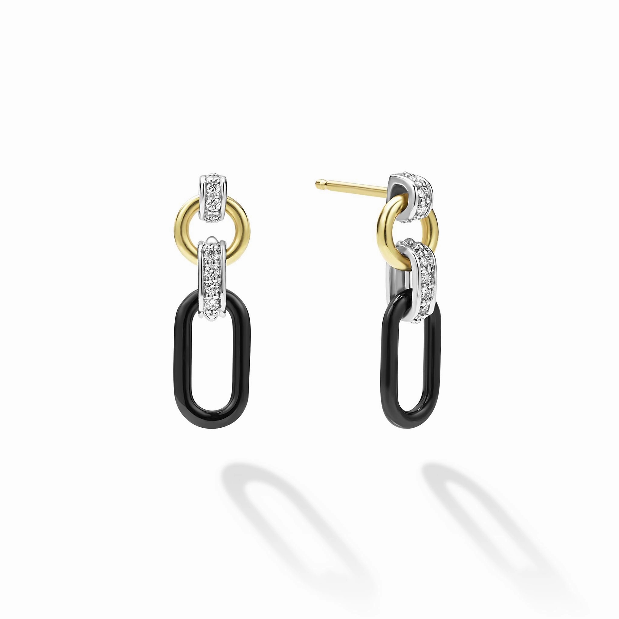 Signature Caviar Small 18K Gold and Black Ceramic Diamond Link Drop Earrings