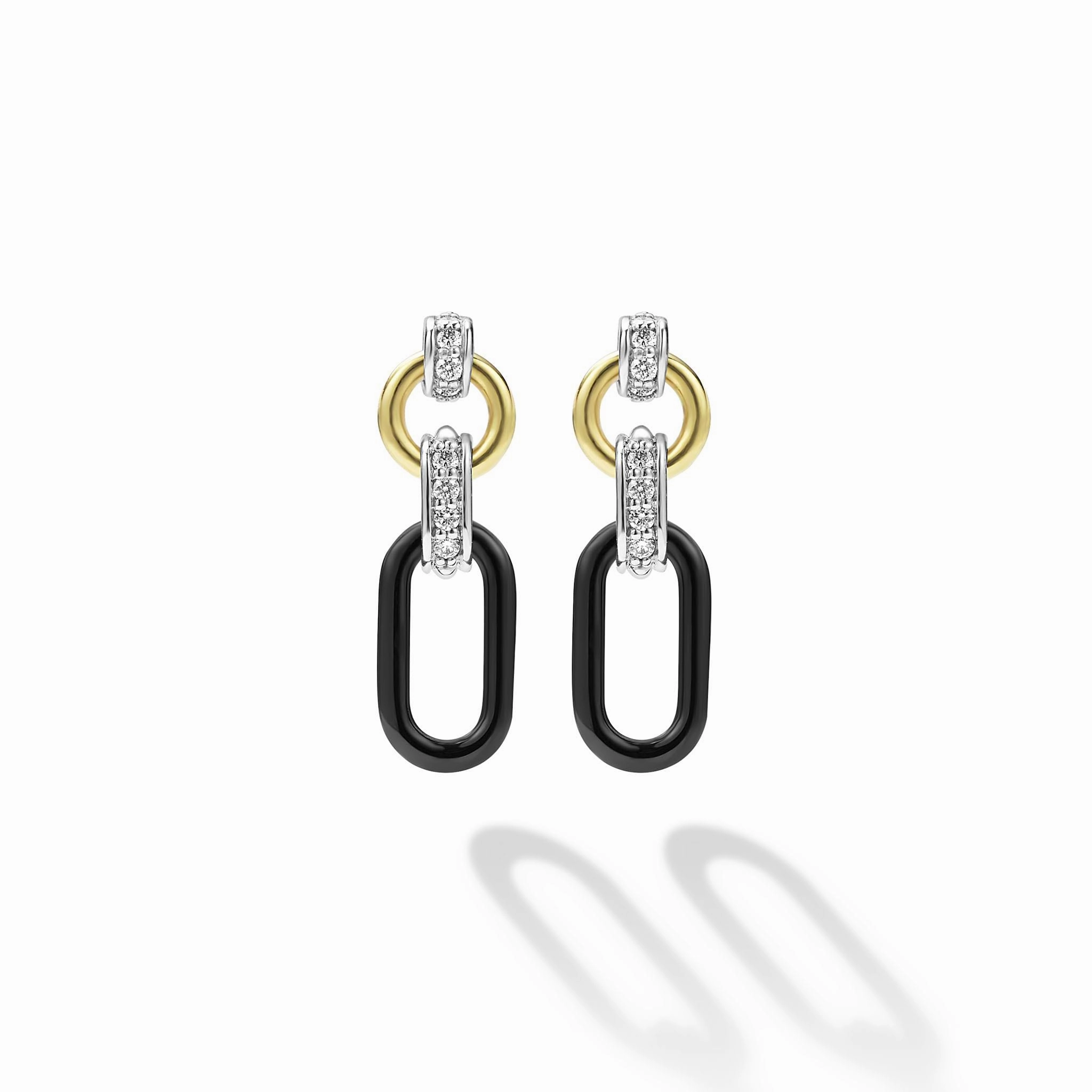 Signature Caviar Small 18K Gold and Black Ceramic Diamond Link Drop Earrings