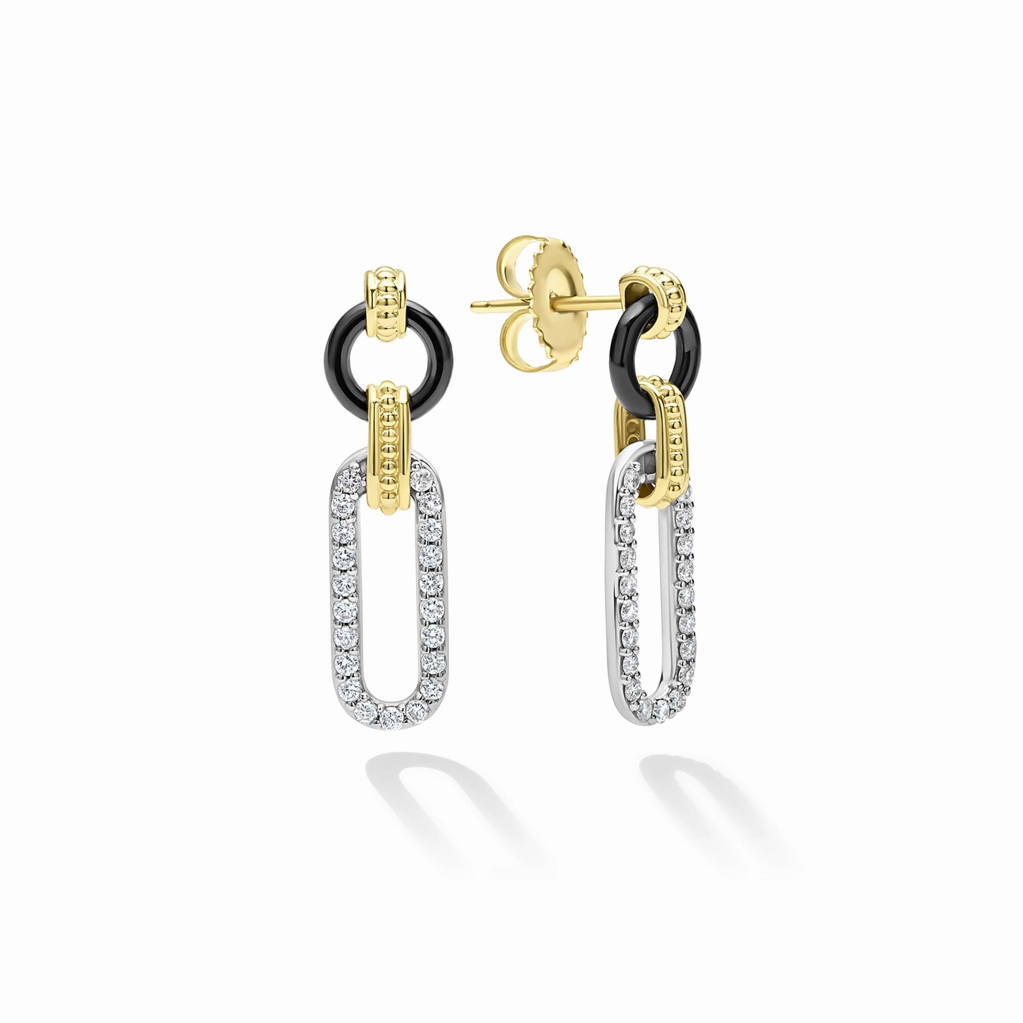 Signature Caviar Small 18K Gold and Black Ceramic Diamond Link Drop Earrings