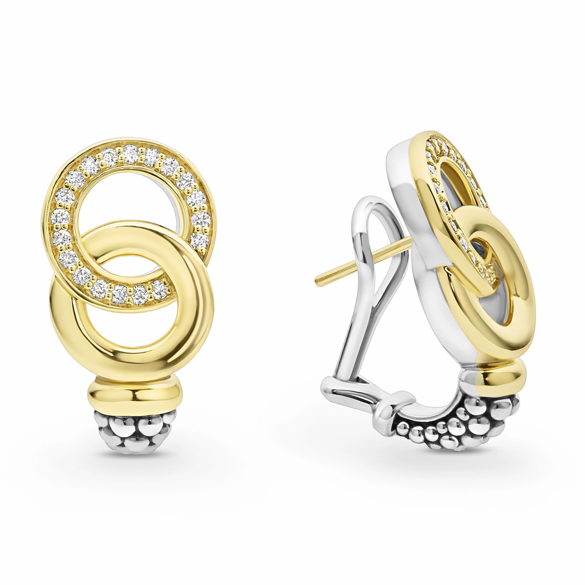Signature Caviar Two-Tone Interlocking Diamond Omega Clip Earrings