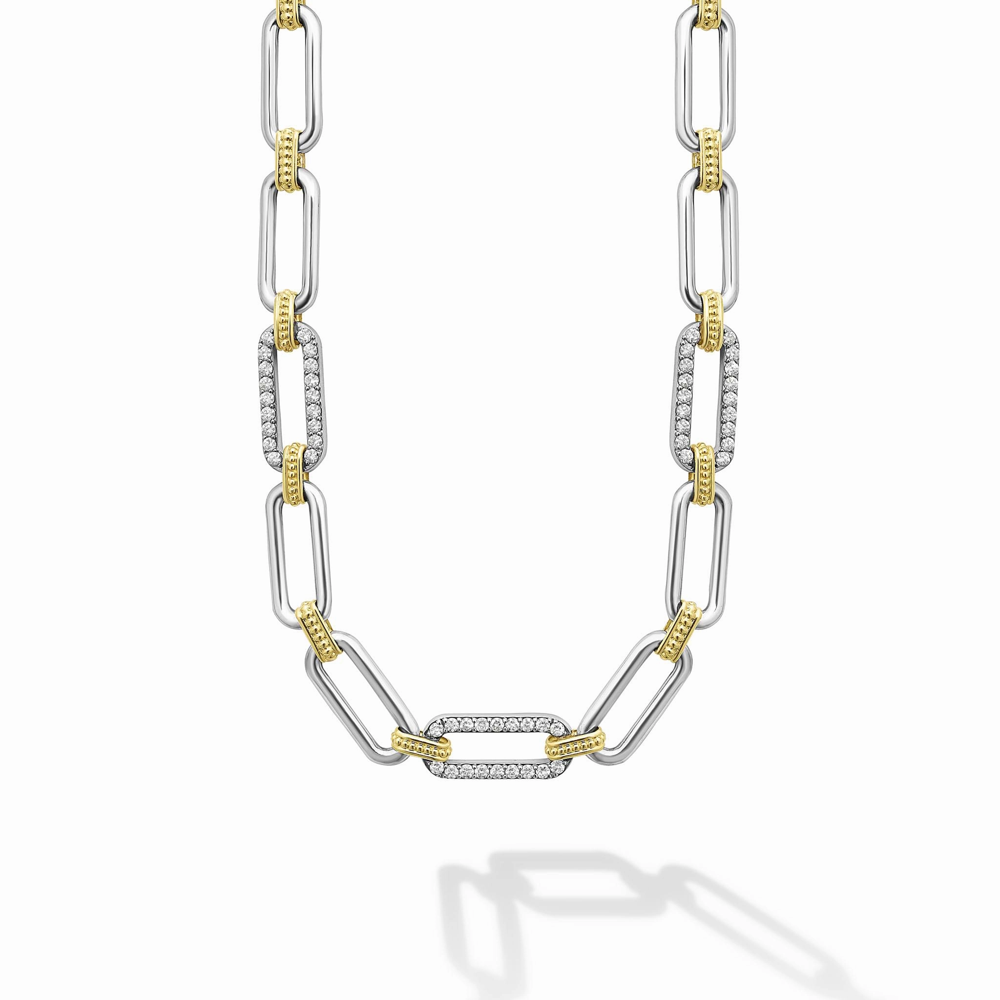 Signature Caviar Two-Tone Link Three Station Diamond Necklace