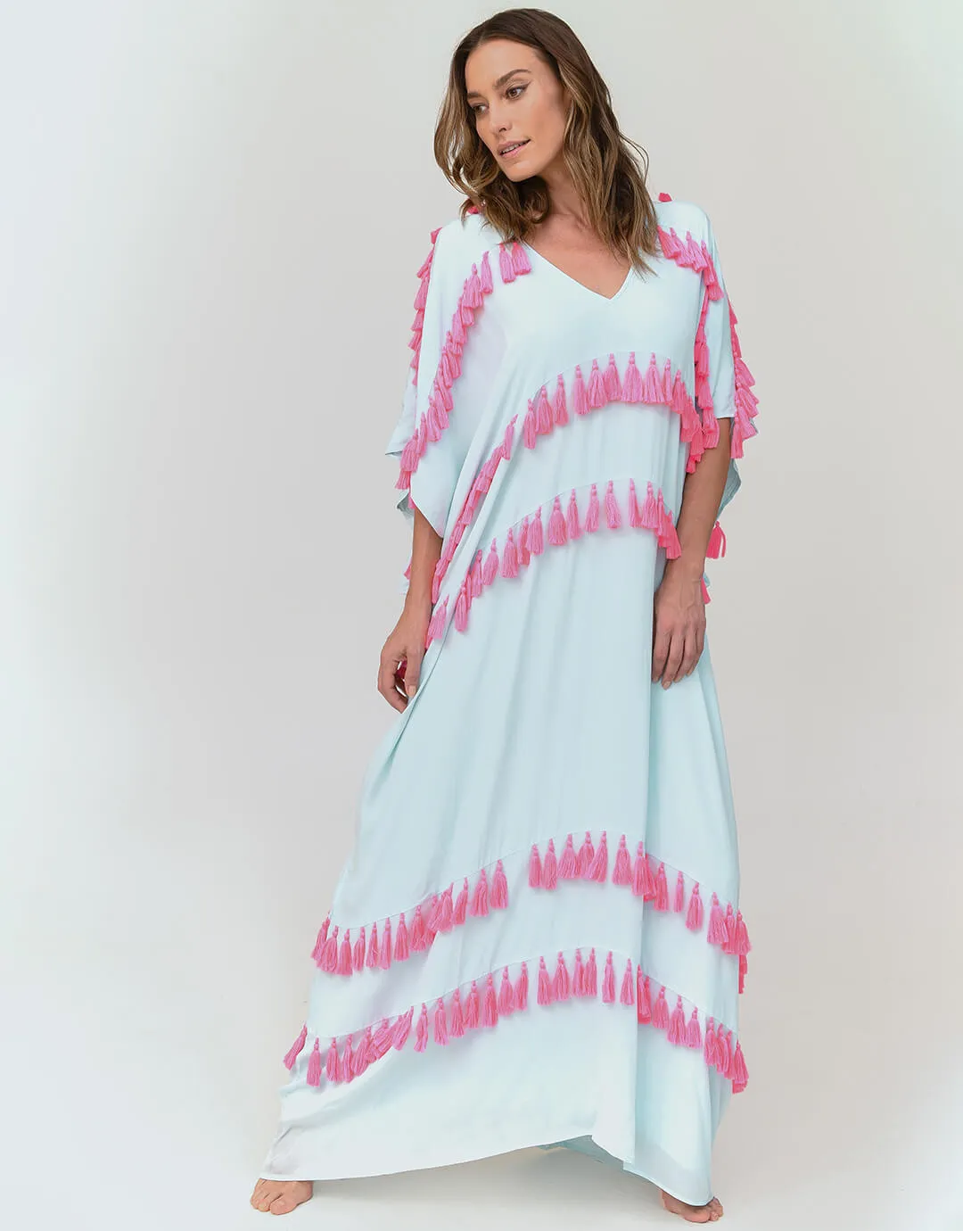 Silky Tassel Kaftan - Sky Blue