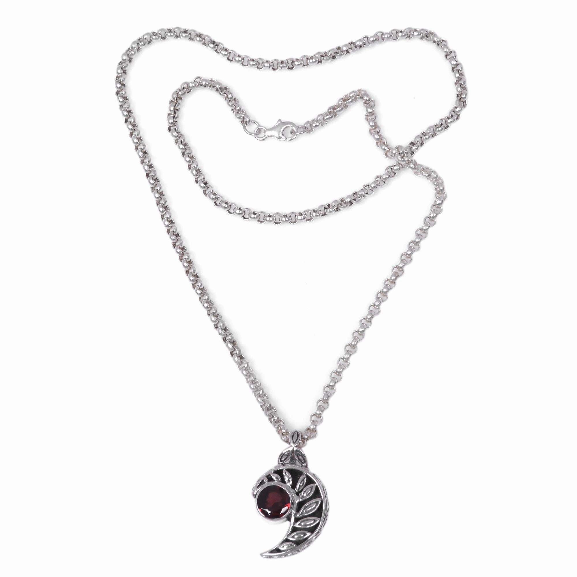 Silver Fern Embrace Balinese Handcrafted Silver Fern Theme Garnet Necklace