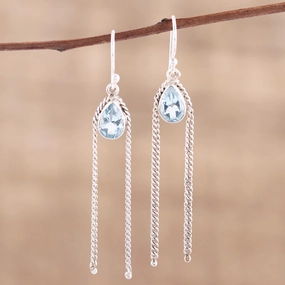 Sky Chains Teardrop Blue Topaz Dangle Earrings from India