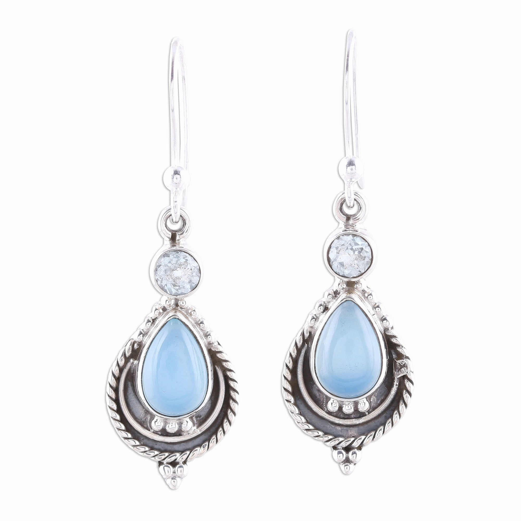 Sky Fascination Chalcedony and Blue Topaz Dangle Earrings from India
