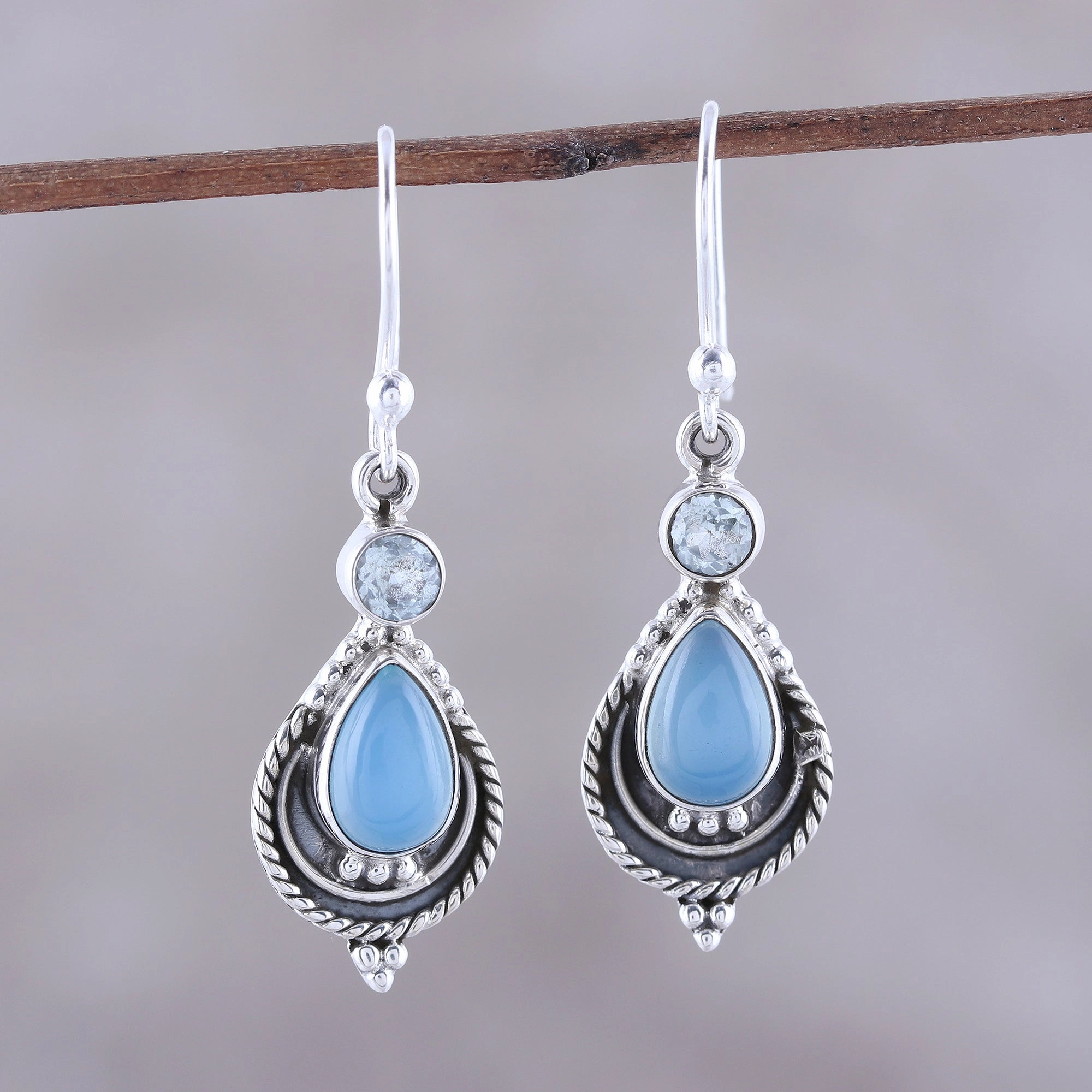 Sky Fascination Chalcedony and Blue Topaz Dangle Earrings from India