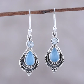 Sky Fascination Chalcedony and Blue Topaz Dangle Earrings from India