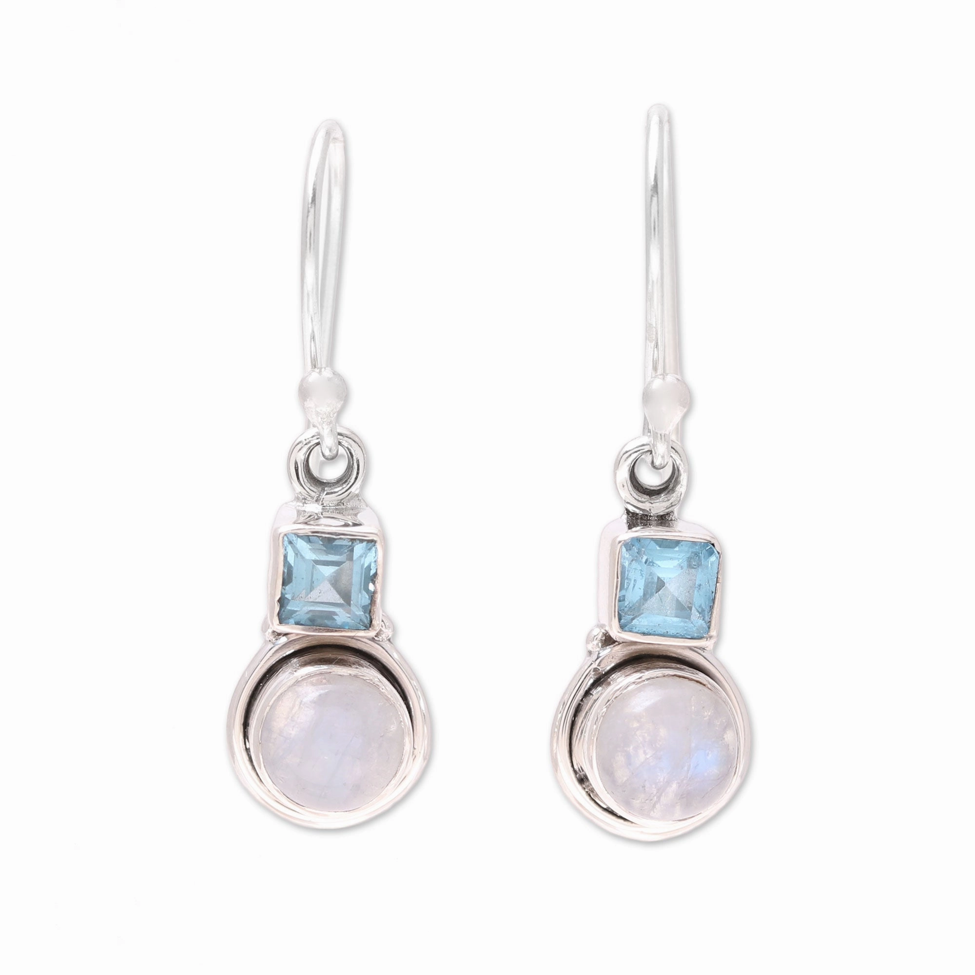 Sky Glimmer Blue Topaz and Rainbow Moonstone Dangle Earrings from India