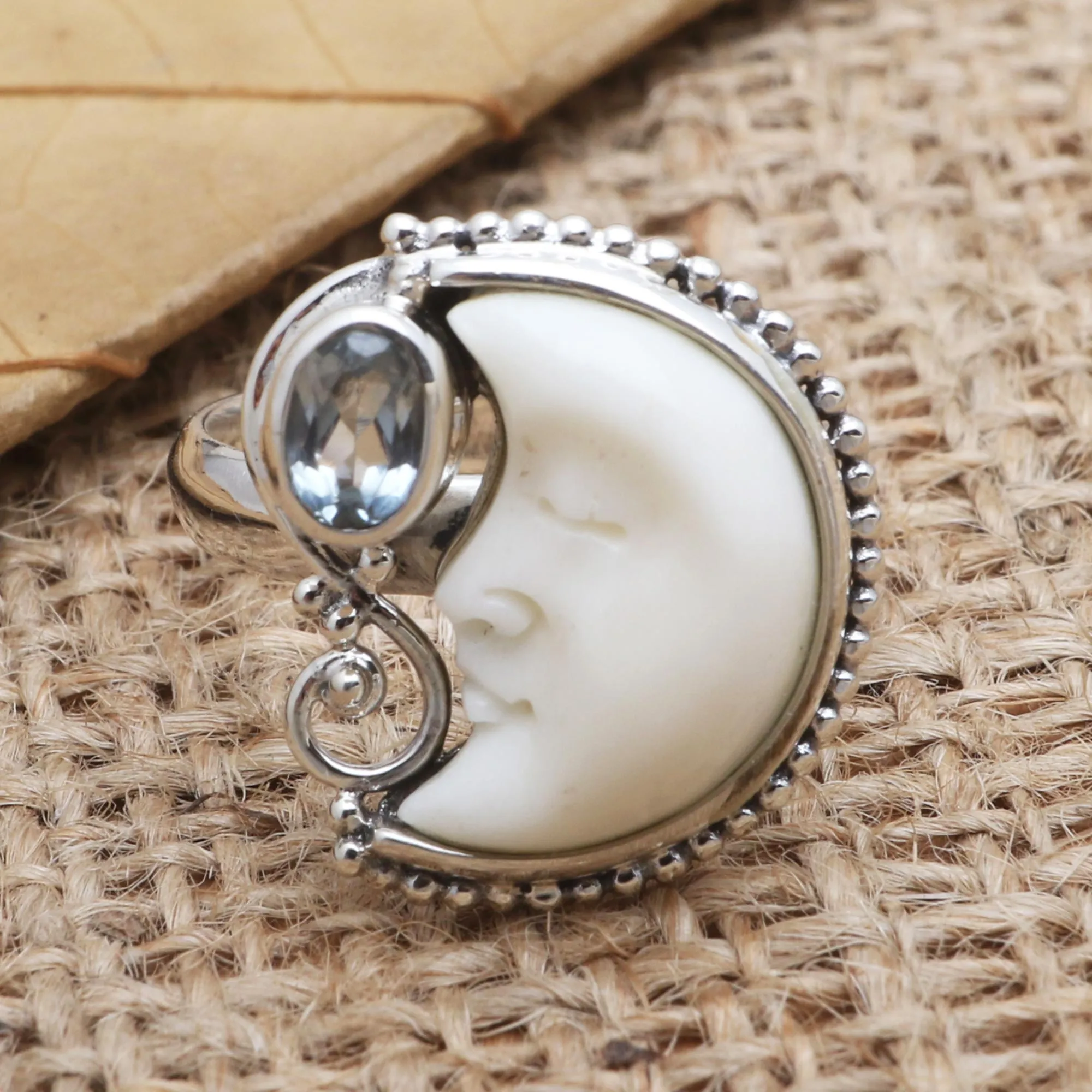 Sleeping Moon Blue Topaz and Sterling Silver Crescent Moon Ring