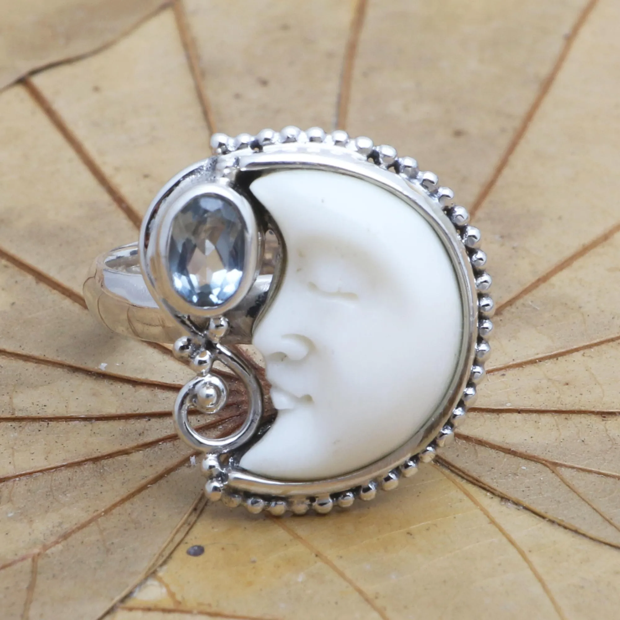 Sleeping Moon Blue Topaz and Sterling Silver Crescent Moon Ring