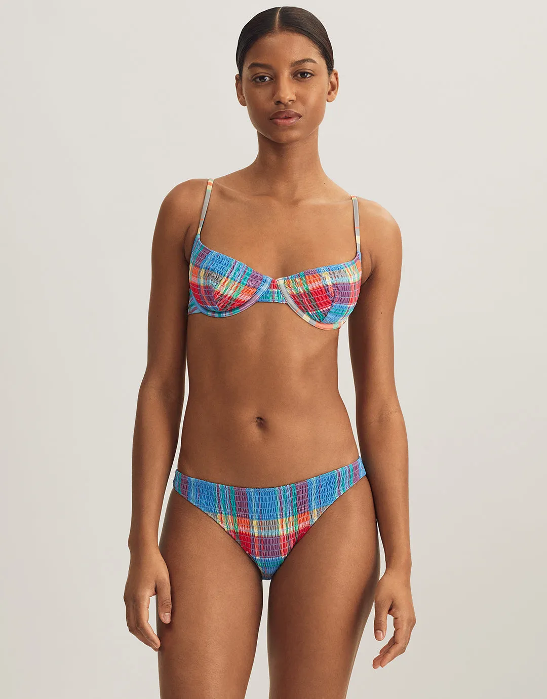 Smocked Madras Underwired Balconette Bikini Top - Multi