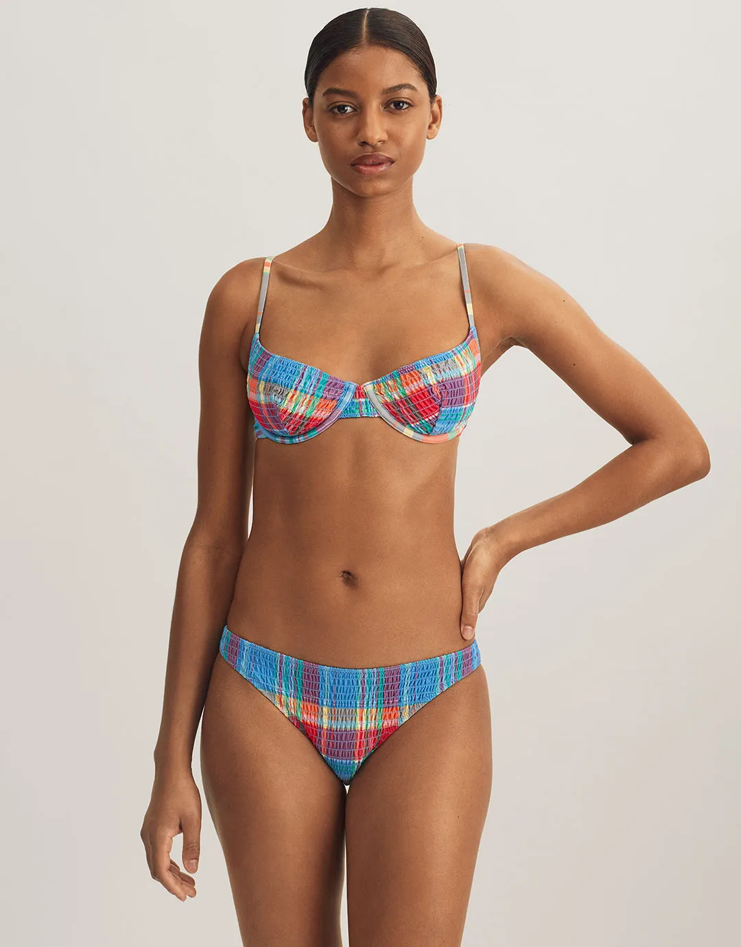 Smocked Madras Underwired Balconette Bikini Top - Multi