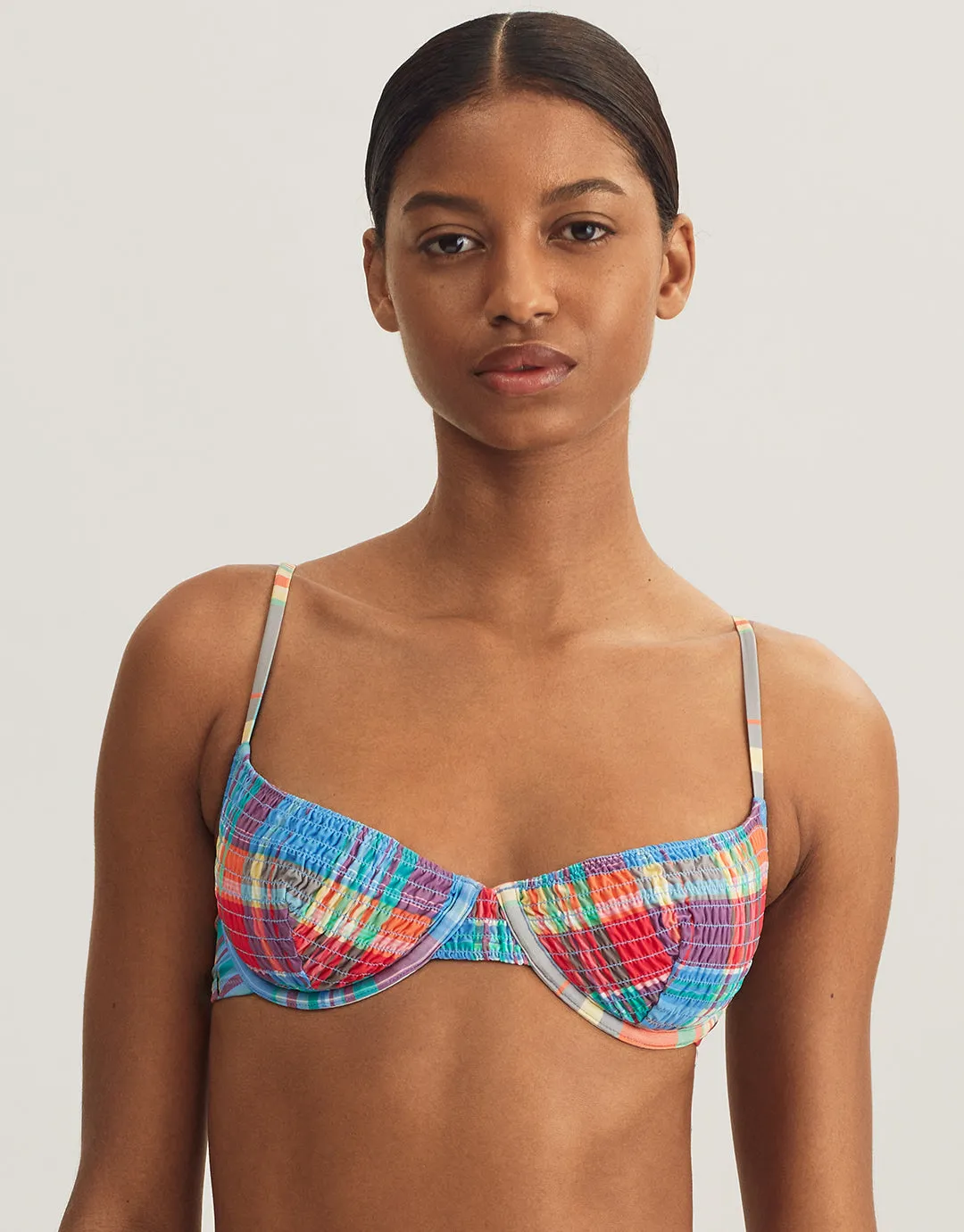 Smocked Madras Underwired Balconette Bikini Top - Multi