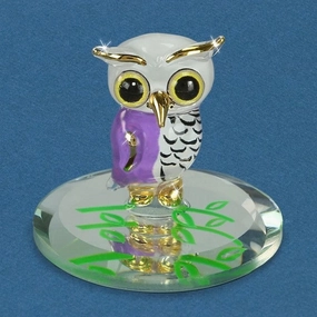 Snowy Purple and White Owl 22Kt Gold Trimmed Glass Figurine Decorative Mirror,Home Decor Mirror