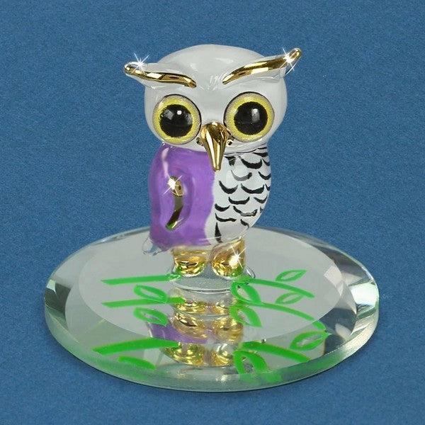 Snowy Purple and White Owl 22Kt Gold Trimmed Glass Figurine Decorative Mirror,Home Decor Mirror