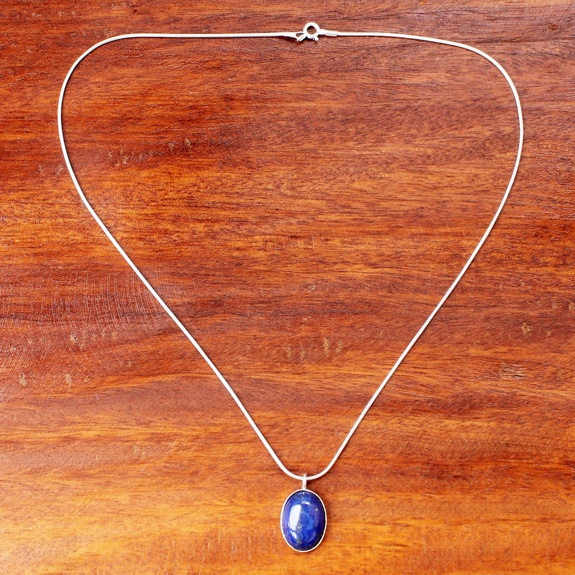 Spangled Oval Sterling Silver and Lapis Lazuli Pendant Necklace Thailand