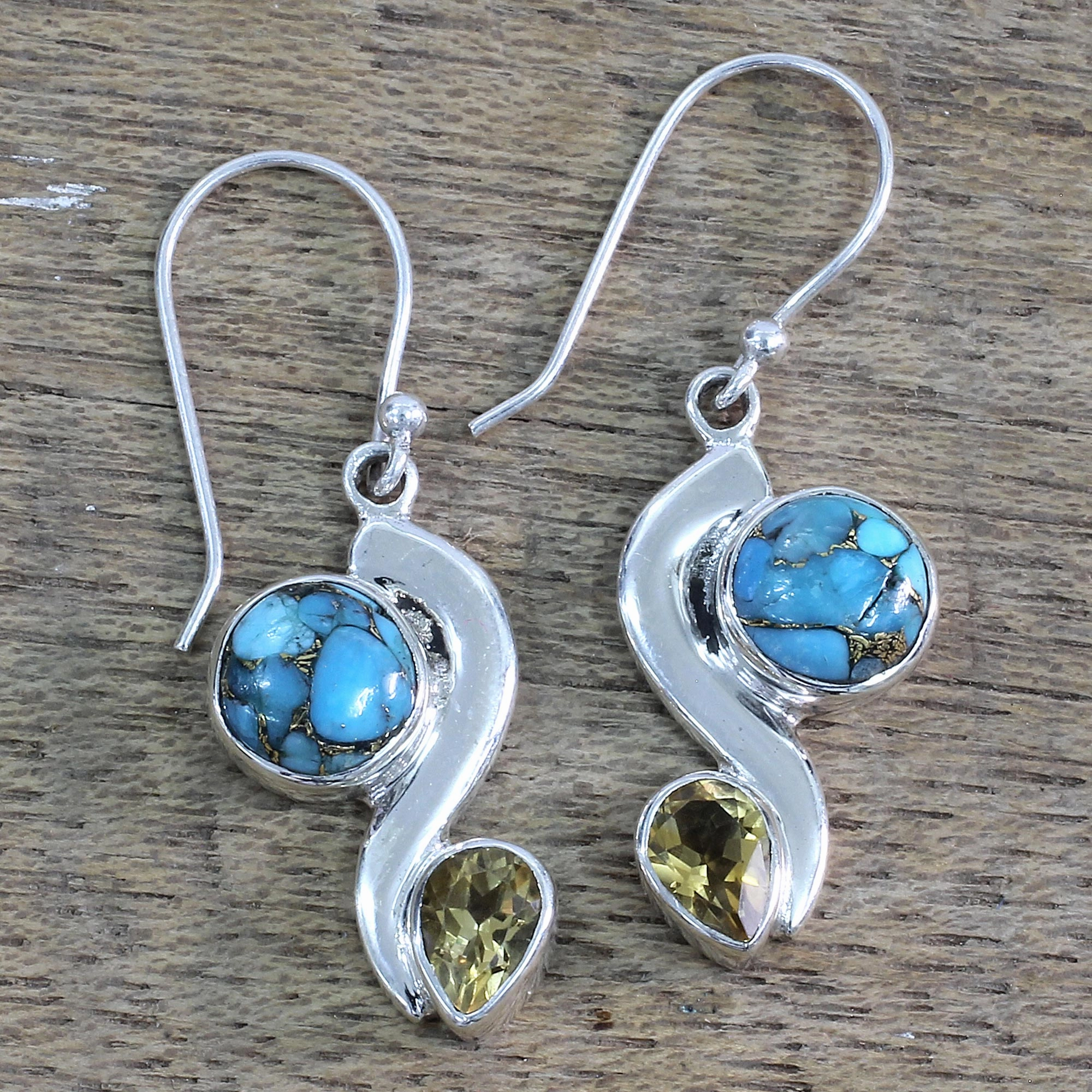 Sparkling Planet Citrine Composite Turquoise Dangle Earrings from India