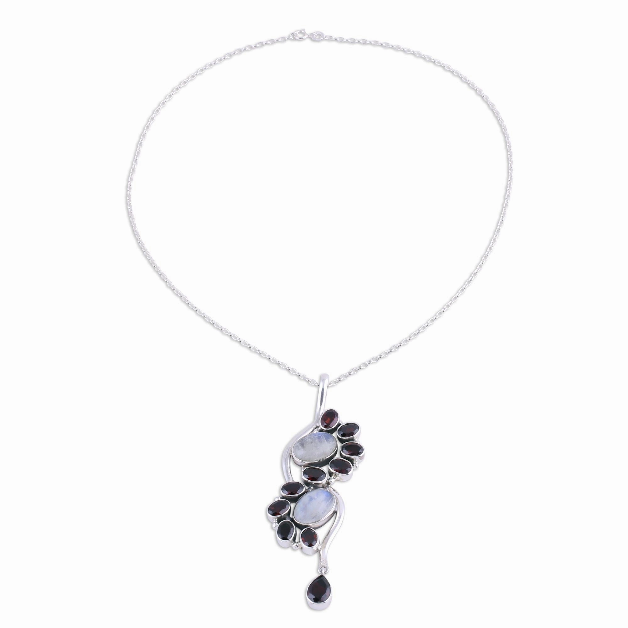 Sparkling Spiral Garnet and Rainbow Moonstone Pendant Necklace from India