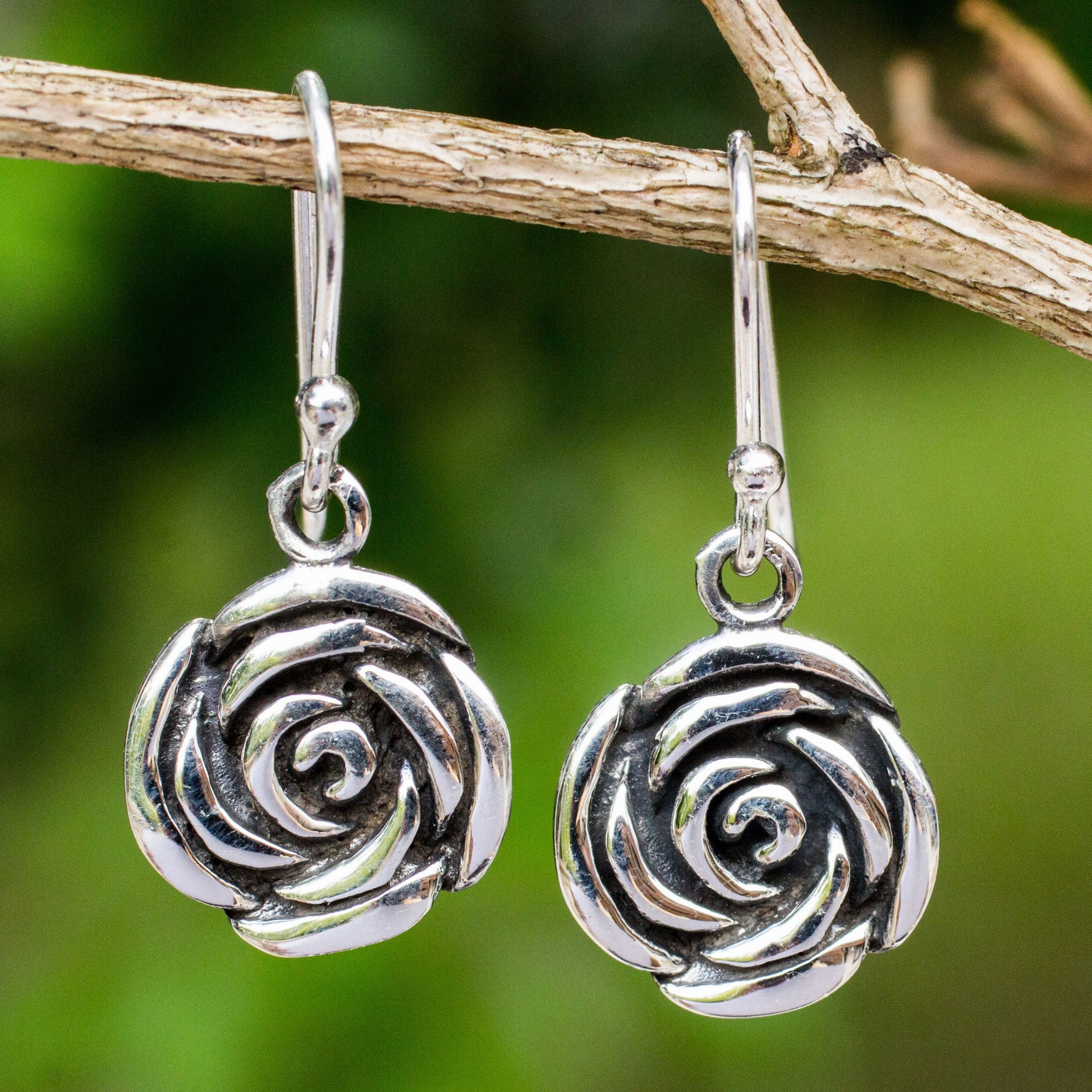 Spiral Rose Roses in Handcrafted Sterling Silver Hook Earrings