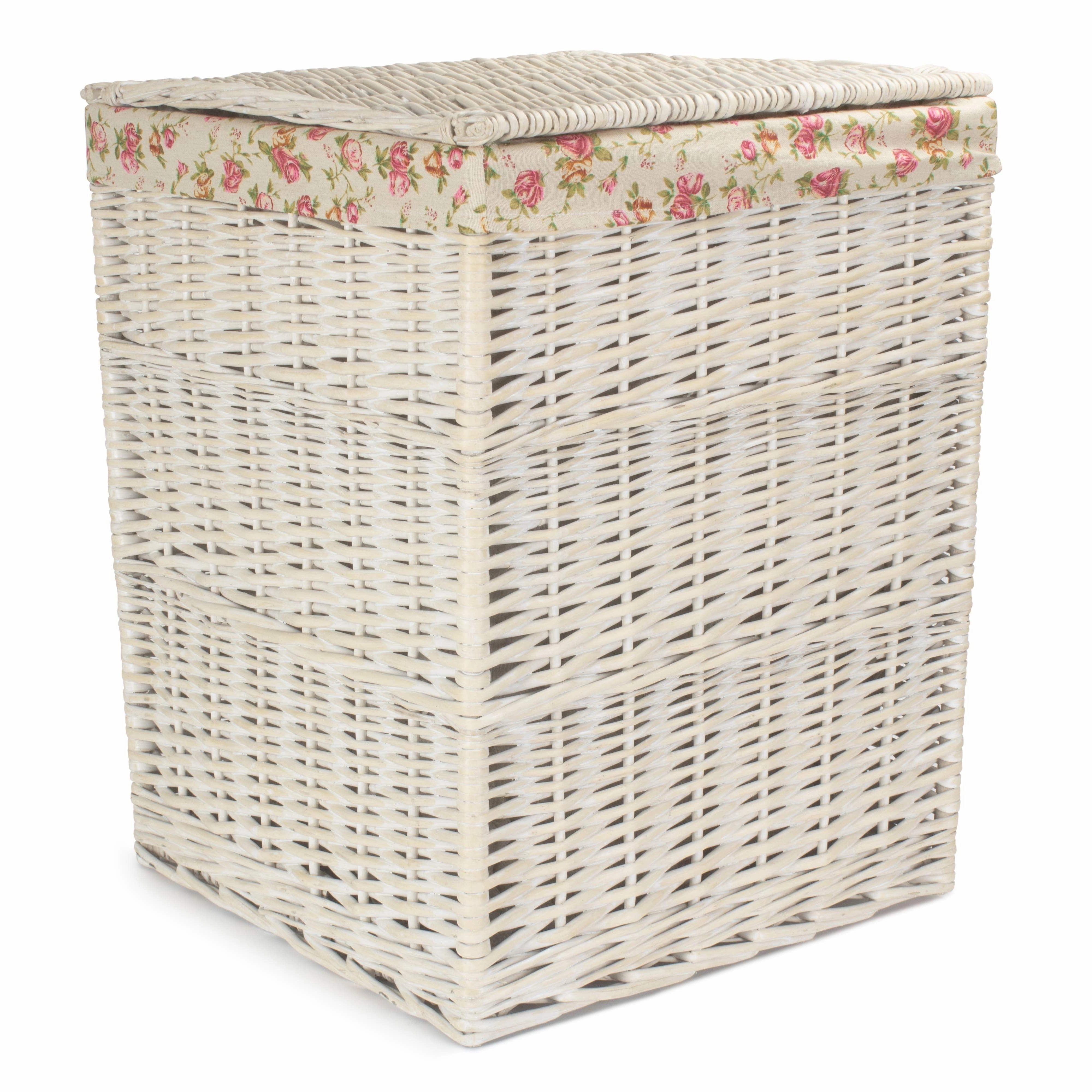 Square White Wash Laundry Hamper with Garden Rose Lining - Large laundry organizer,dirty clothes basket,plastic laundry basket