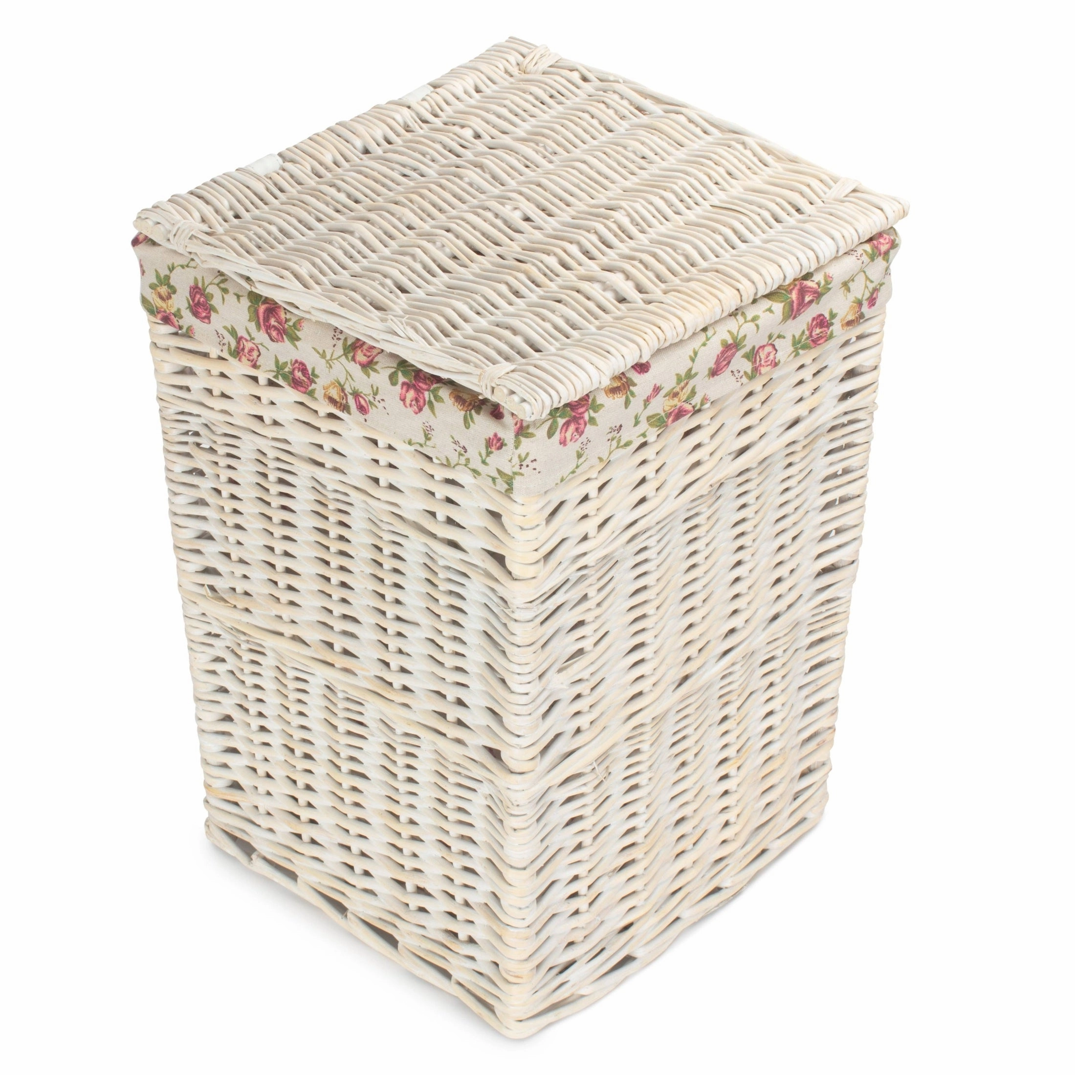 Square White Wash Laundry Hamper with Garden Rose Lining - Small