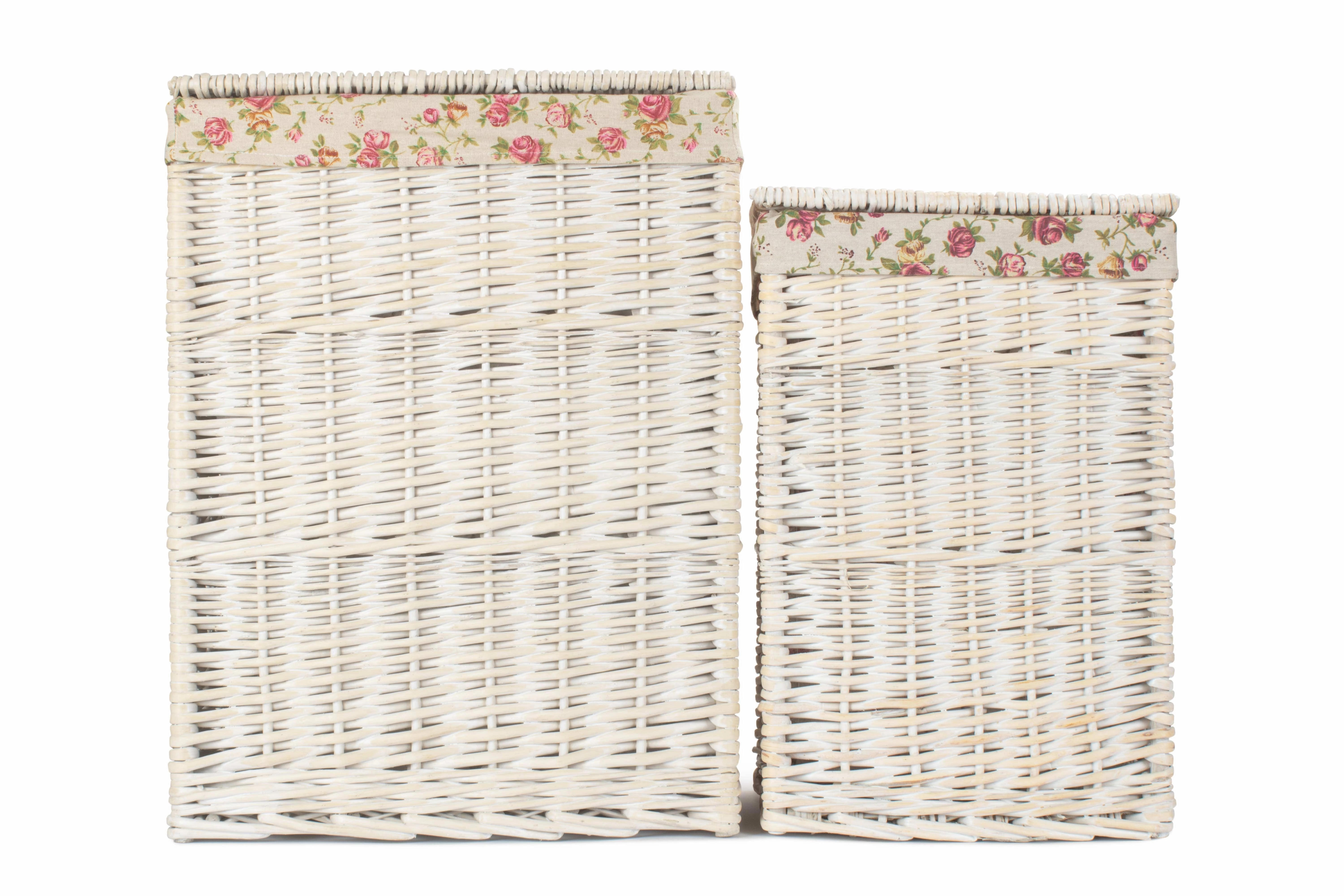 Square White Wash Laundry Hamper with Garden Rose Lining Set 2