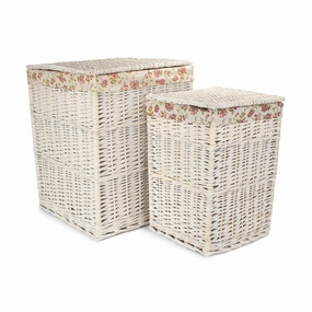 Square White Wash Laundry Hamper with Garden Rose Lining Set 2 laundry organizer,dirty clothes basket,plastic laundry basket